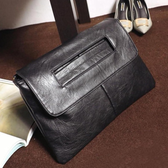 Envelope Clutch Bag Large Wristlet – Black PU Leather – Foldover Style